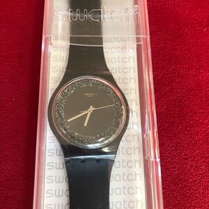 Swatch Dark Sparkles glitter black watch with case